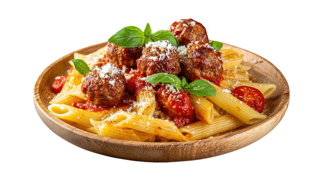 A bowl of pasta with meatballs and vegetables