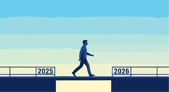 Man walking towards the future, crossing the bridge of time, 2025 to 2026.