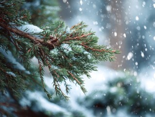 Juniper Tree Branch Covered With Fresh Snowflakes Winter Landscape Evergreen Needles Coated In White Frosty Precipitation Cold Outdoor Scene With Blurred Background