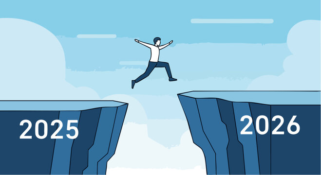 Man leaping across the gap between the years 2025 and 2026, representing progress and change.