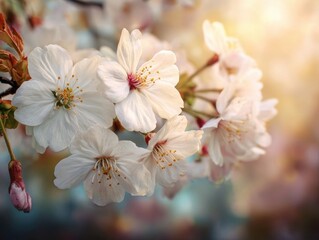 White Cherry Blossom Flowers Tree Branch Sunlight Spring Bloom Outdoor Nature Close-up Bright Petals Red Stamen Golden Light Blurry Background Soft Focus