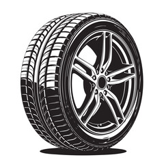 Fototapeta premium Black and white illustration of a car tire and rim with detailed tread pattern wheel tire tread