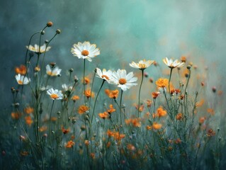 Abstract Impressionist Painting Style Field of White and Orange Wildflowers Growing Amidst Greenery with a Soft, Dreamy, Teal Blue and Turquoise Background