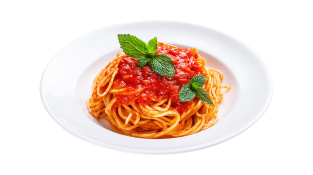 A plate of spaghetti with red sauce and green basil