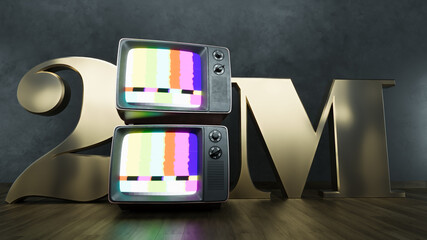 golden number 2m two million social media followers with old retro television on dark background