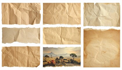 set of vintage torn or ripped kraft paper isolated on transparent png background