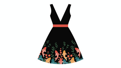 Black sleeveless dress with coral belt and floral koi fish hemline on white background fashion