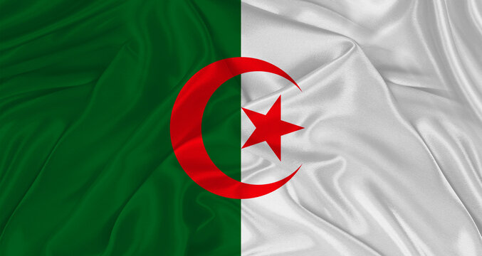 Flag of Algeria with cloth texture Close up of Algeria flag waving