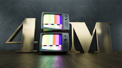 golden number 4m four million social media followers with old retro television on dark background