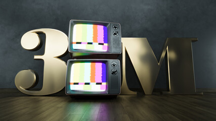 golden number 3m three million social media followers with old retro television on dark background