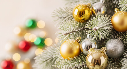 Gold & Silver Baubles on Snowy Pine Branch with Bokeh Copy Space Generated AI