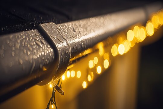 Close-up of Wet Metal Handrail with Warm Yellow String Lights at Night