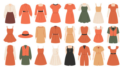 Collection of diverse women's dresses and outfits in warm autumn colors on a white background