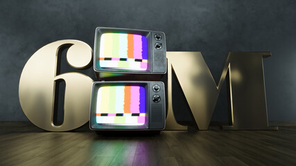 golden number 6m six million social media followers with old retro television on dark background