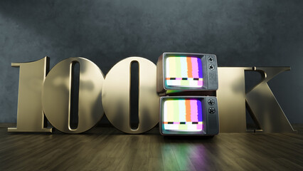 golden number 100K one hundred thousand social media followers with old retro television on dark background