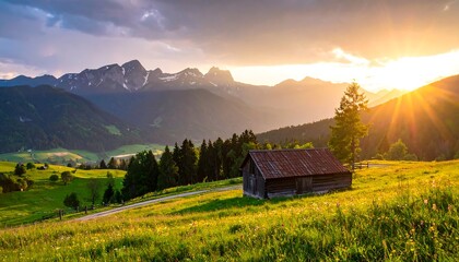 Idyllic Mountain Landscape with Cabin at Sunset in the Alps.