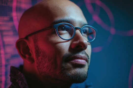 Bald man with glasses gazing thoughtfully to the side, illuminated by pink and blue lighting. He has a short beard, and a sleek, modern backdrop with faint circular patterns and lines