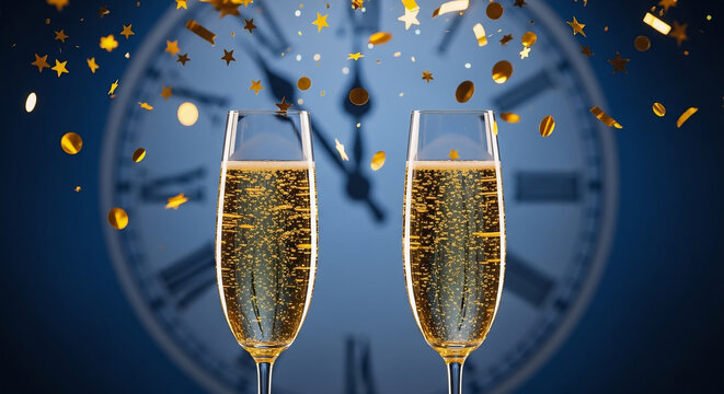 New Year's Eve Champagne Flutes with Confetti & Clock (Celebration Background) Generated AI