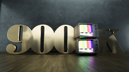 golden letters and number '900K' with two vintage televisions displaying color bars, set on a wooden floor surface.