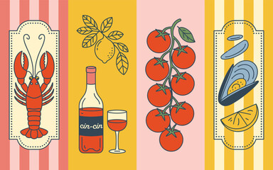 Lobster wine tomatoes mussels lemon slice illustration