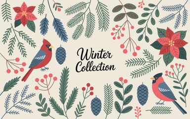 Red cardinal and bullfinch with winter foliage and berries