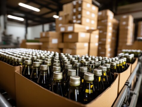 Rows of dark glass bottles with silver caps are packed in cardboard boxes. Stacks of cardboard boxes are blurred in the background, suggesting a warehouse or distribution center