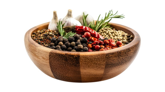 A wooden bowl filled with various spices including red peppers, garlic
