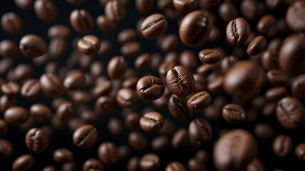 Obraz premium Wide Shot of Premium Roasted Coffee Beans Floating and Scattered on Dark Background for Beverage Advertising and Product Mockups