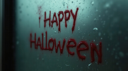 Halloween message written in red on foggy glass surface  