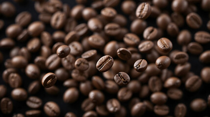 Wide Shot of Premium Roasted Coffee Beans Floating and Scattered on Dark Background for Beverage Advertising and Product Mockups