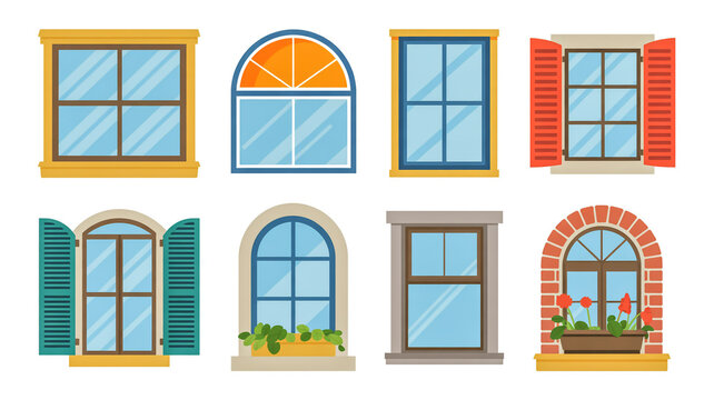 Collection of Eight Stylized Flat Design Windows with Various Frames and Shutters illustration architecture