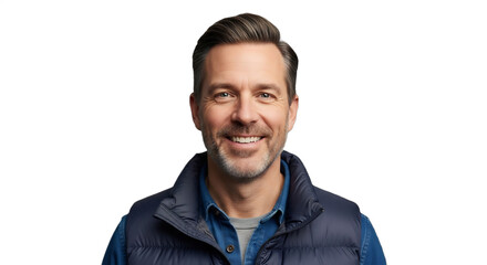Smiling 43-48-year-old Caucasian man, a winter nature documentary filmmaker, wearing a vest. Ideal for professional profiles, environmental campaigns, or educational content.