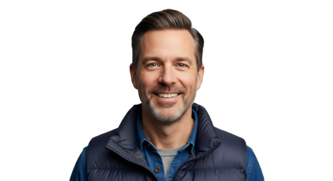 Smiling 43-48-year-old Caucasian man, a winter nature documentary filmmaker, wearing a vest. Ideal for professional profiles, environmental campaigns, or educational content.
