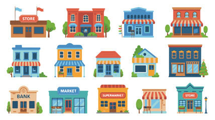 Diverse Collection of Flat Design Storefronts and Buildings shop market