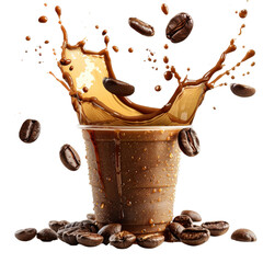 Chocolate coffee drink splashes and cascades from a cup surrounded by coffee beans on transparent background