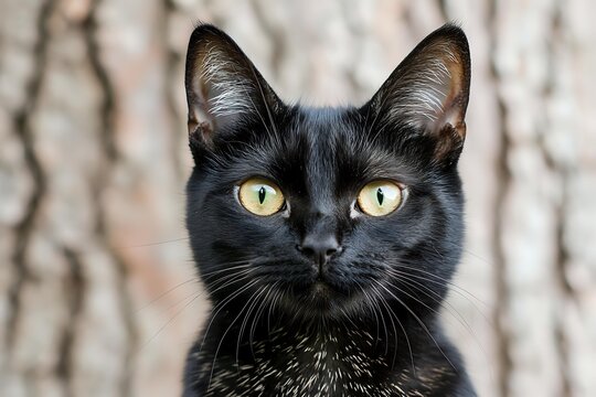 Close-up portrait of alert black cat with bright yellow eyes against blurred tree bark background, showcasing feline beauty and intense gaze.