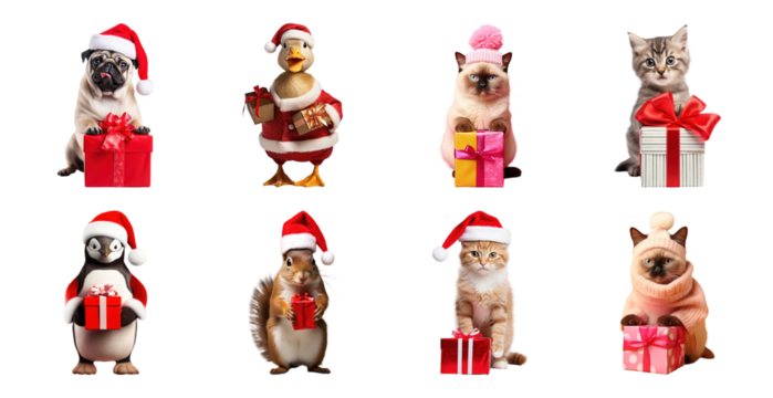 PNG Festive animals with gifts, element set on transparent background