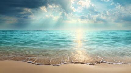 Fototapeta premium Serene Beachfront at Sunrise with Calm Waters and Soft Waves Reflecting Light Under a Dramatic Sky Filled with Beautiful Clouds