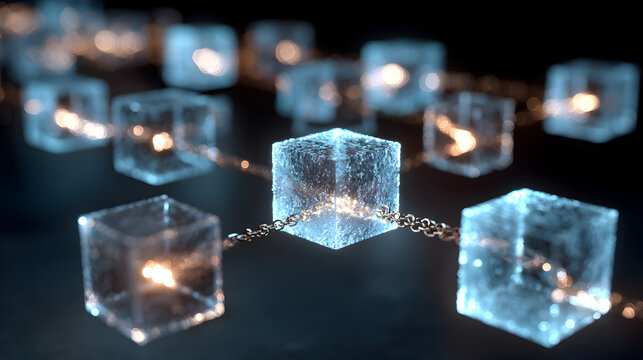 Blockchain network with interconnected blocks representing secure digital transactions and decentralized technology