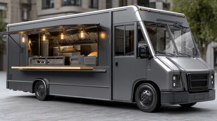 Modern food truck with open serving window showcasing kitchen equipment and warm lighting. The vehicle is parked on a paved street in an urban environment, ready for business