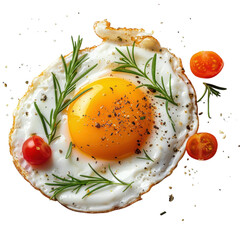 Brightly cooked sunny-side up egg garnished with fresh herbs and cherry tomatoes arranged artfully on a white background on transparent background