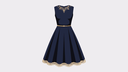 Elegant Navy Blue Dress with Gold Belt and Lace Trim Detail formal wear fashion