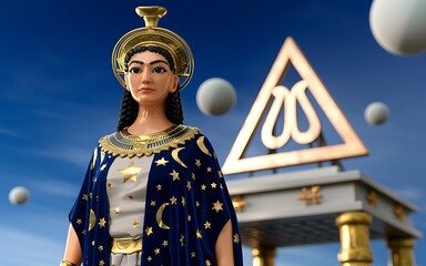 Sumerian goddess Inanna Ishtar divine queen of heaven fertility love standing before grand Anunnaki temple Mesopotamian architecture detailed ancient structure spiritual art 2D cartoon illustration