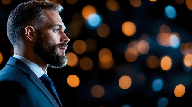 Profile view of confident businessman in navy suit against blurred bokeh lights background, conveying leadership and success in corporate environment.