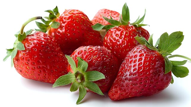 Fresh ripe strawberries with green leaves isolated on white background, showcasing vibrant red color and natural texture for food packaging, recipe blogs, and healthy eating concepts. - Powered by Adobe