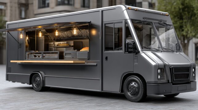 Modern food truck with open serving window showcasing kitchen equipment and warm lighting. The vehicle is parked on a paved street in an urban environment, ready for business