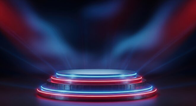Futuristic neon podium stage with glowing blue and red lights for awards ceremonies - Powered by Adobe