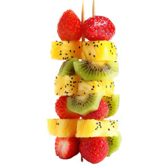 Colorful fruit skewers featuring strawberries, pineapples, kiwi, and more for a refreshing summer treat on transparent background