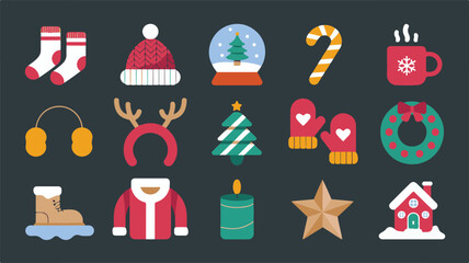 Festive Christmas Icons and Symbols on a Dark Background holiday winter