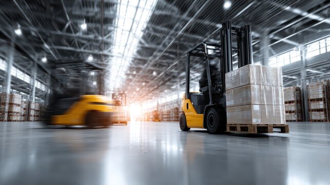 Forklift moves pallet with boxes in large industrial warehouse with high ceiling and sunlight streaming through windows. Another forklift is in motion, creating a dynamic blur